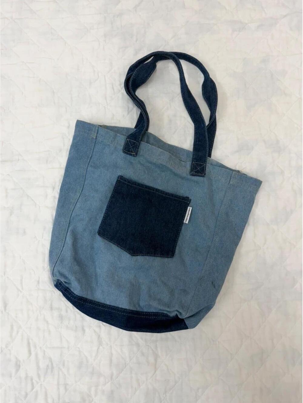 Bloomingdale’s Two-Tone Denim Tote Bag | Blue Jean Carryall with Front Pocket